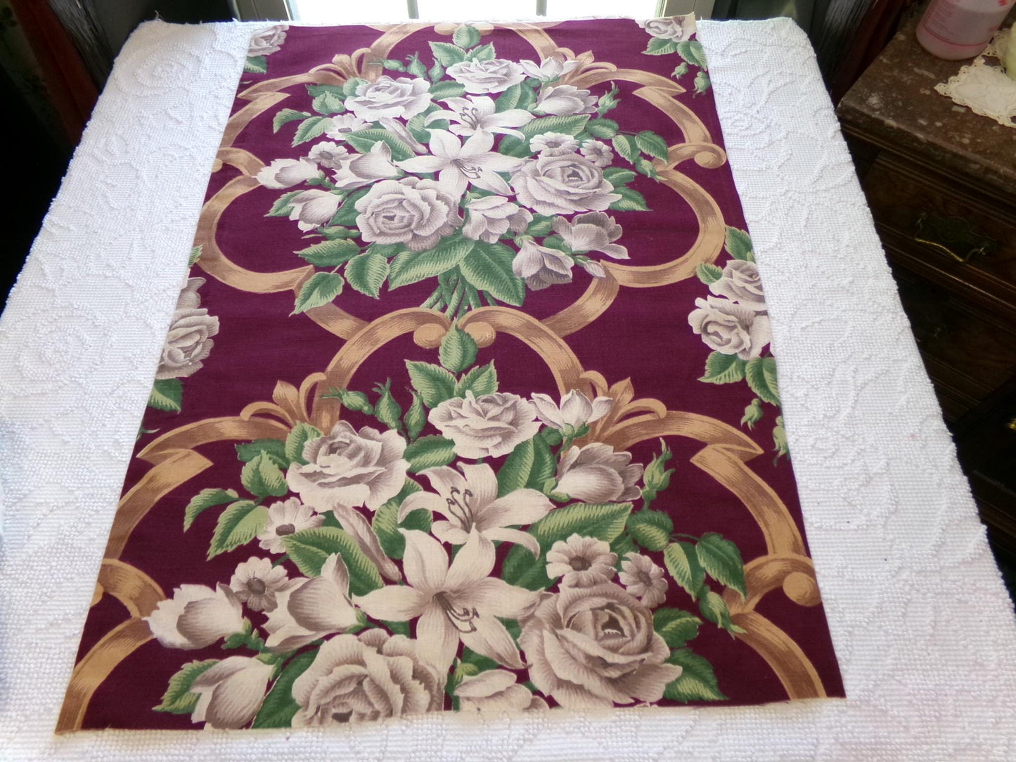 Shabby Vintage Barkcloth STYLE Cotton Fabric, Golden Beige Roses & Lilies on Rich Maroon Wine 21" x 30", Deconstructed Curtain Panel