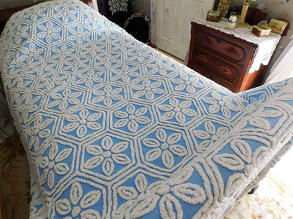 Vintage Chenille Bedspread, White Daisy Hexagon Design on Sky Blue, Full Size 1950s Geometric Design, 100% Cotton