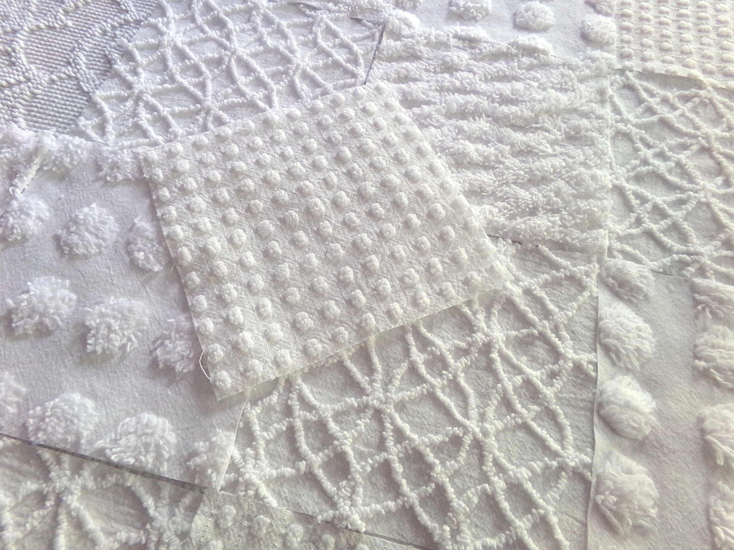 Snow White Chenille Fabric Squares Set, Rotary Cut from Vintage Bedspread Fabric, 16 Blocks, 6" x 6" inch ea, Dots, Pops, Diamond Patterns