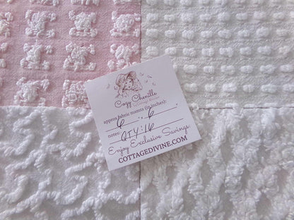 angel feathers chenille fabric squares, pink & white rosebud, lattice, dots, squiggles, vintage square set of 16 quilt blocks, 6" x 6" inch