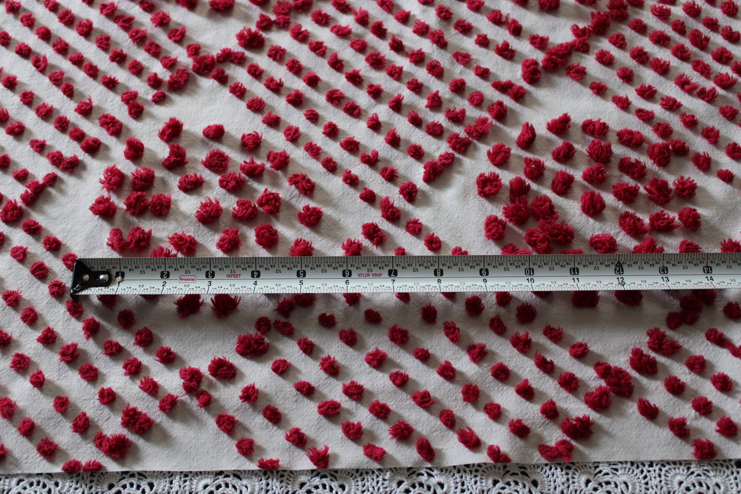 Fabulous Red Wine Vintage Chenille FABRIC PIECE, 21" x 27" inches, Handtufted Diamond Circle Puffs