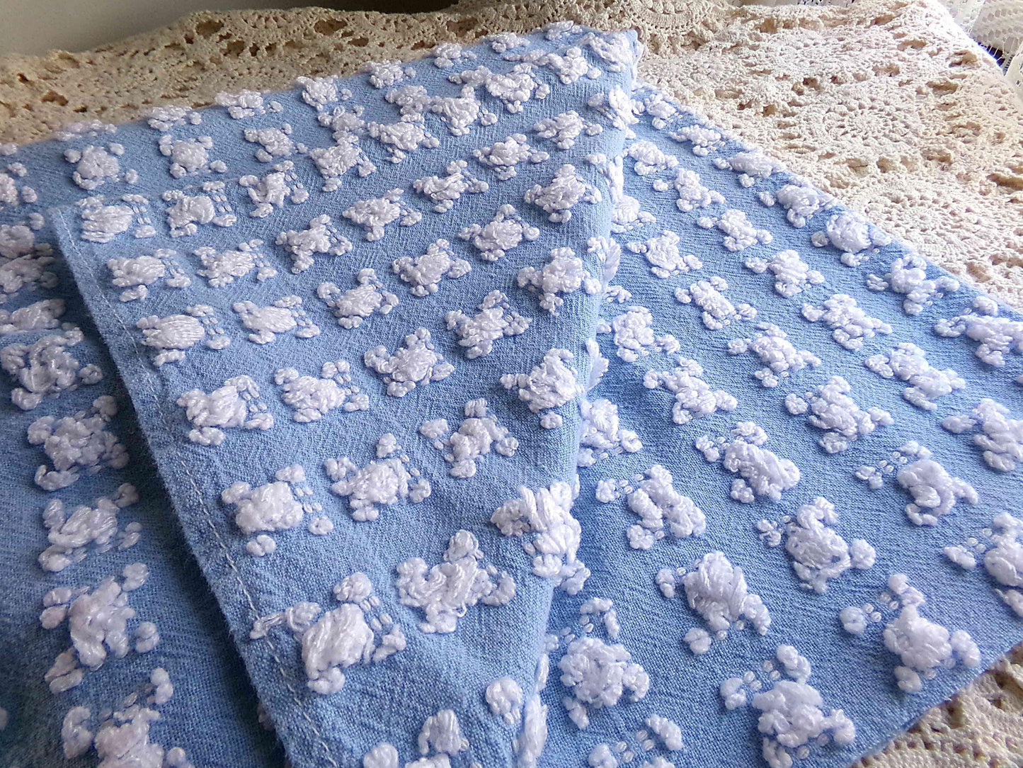 Deeply Serene Blue & White Rosebud Vintage Chenille Fabric, Heirloom Quality Material for Quilts, Pillows, 24" x 20" inch Piece