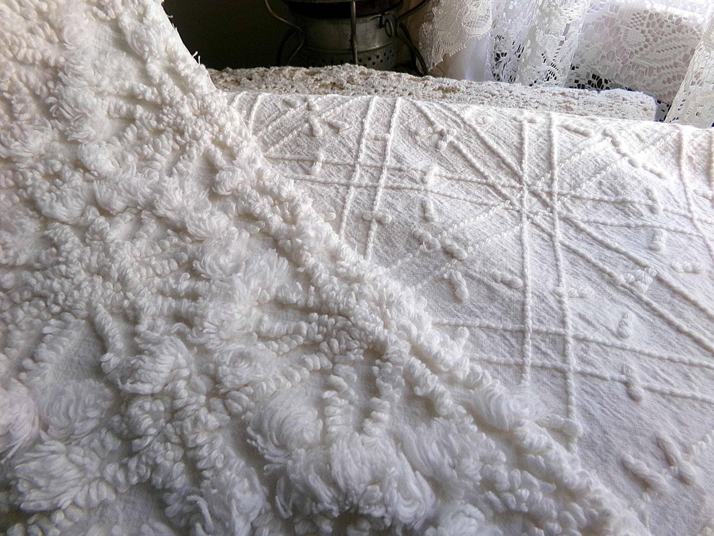 Snowflake Spokes Chenille Fabric Material, 19" x 20" inch Vintage Piece Loaded With Intricate Tufting