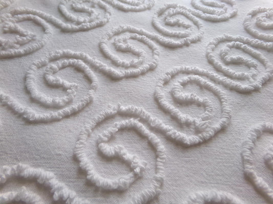 spiral curls white vintage chenille fabric, ultra lightweight cotton sewing material with great texture & presentation, 20" x 24" inch piece