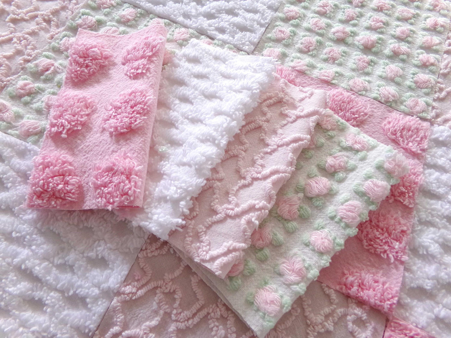 fairy chic chenille fabric squares, pink cottage rosebuds, 16 vintage quilt blocks 6" x 6" inch, for patchwork pillows, quilting, crafts