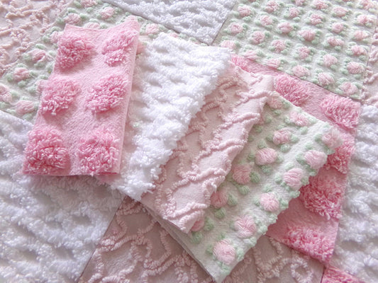 fairy chic chenille fabric squares, pink cottage rosebuds, 16 vintage quilt blocks 6" x 6" inch, for patchwork pillows, quilting, crafts