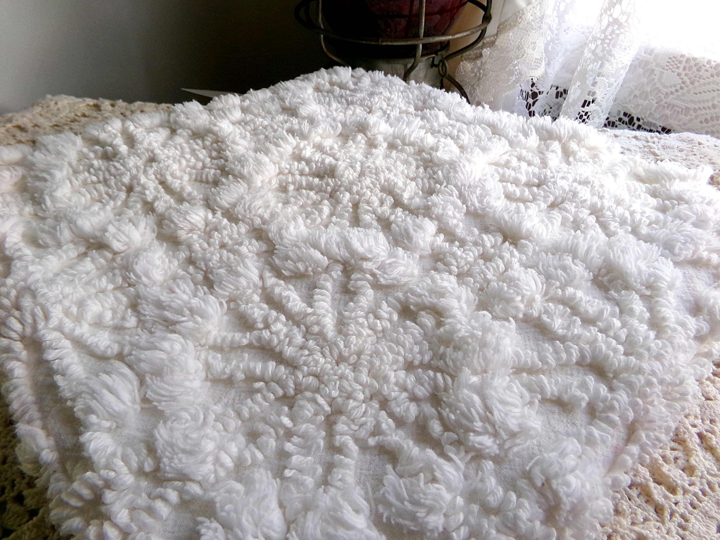 Snowflake Spokes Chenille Fabric Material, 19" x 20" inch Vintage Piece Loaded With Intricate Tufting