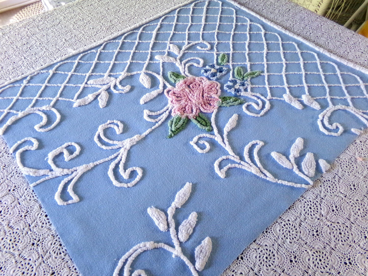 Cottage Romantics Pink Rose Vintage Chenille Fabric, 18.5" x 23" inch Piece, Sky Blue Bkgd, for Pillow Covers, Quilting, Fiber Arts & Crafts
