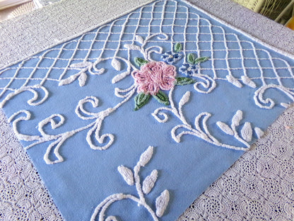 Cottage Romantics Pink Rose Vintage Chenille Fabric, 18.5" x 23" inch Piece, Sky Blue Bkgd, for Pillow Covers, Quilting, Fiber Arts & Crafts