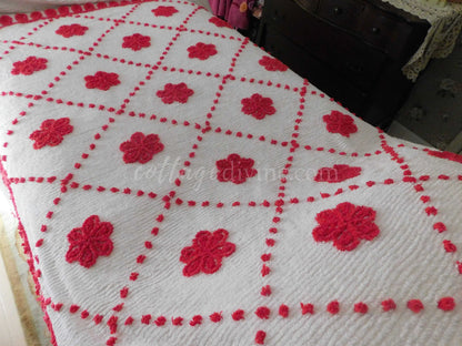 Vintage Chenille Bedspread, Fabulous Red Roses on White, Full Size, Cotton, Midcentury Bed Linens