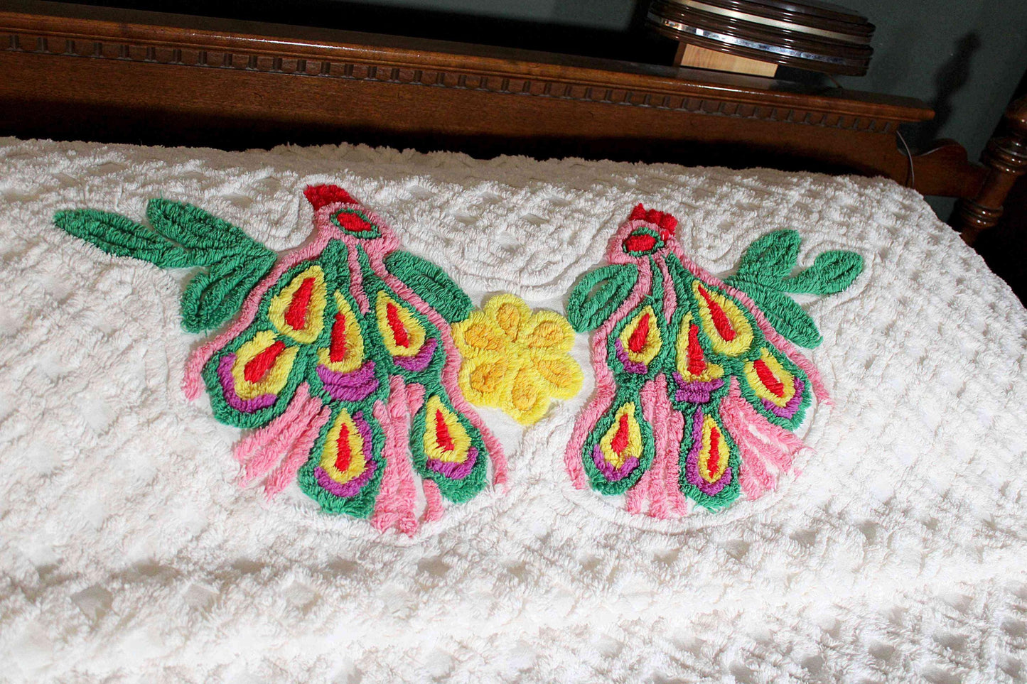 Popular Pink Peacock Vintage Chenille Bedspread, Full Size Boho Glam Bedding