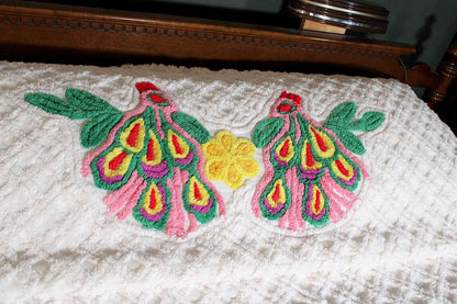 Popular Pink Peacock Vintage Chenille Bedspread, Full Size Boho Glam Bedding