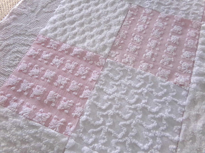 angel wings chenille fabric squares, pink & white rosebud, lattice, dots, squiggles, vintage square set of 16 quilt blocks, 6" x 6" inch