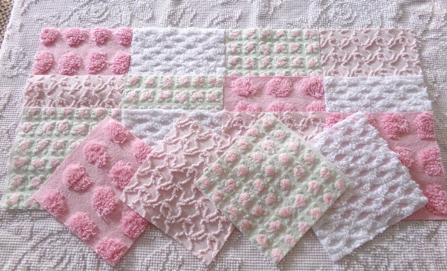 fairy chic chenille fabric squares, pink cottage rosebuds, 16 vintage quilt blocks 6" x 6" inch, for patchwork pillows, quilting, crafts