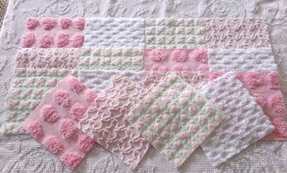 fairy chic chenille fabric squares, pink cottage rosebuds, 16 vintage quilt blocks 6" x 6" inch, for patchwork pillows, quilting, crafts