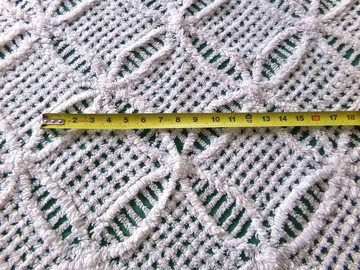 Rich Green Vintage Chenille Fabric, 20" x 24" inch Piece, Plush White Wedding Ring Geometric Design