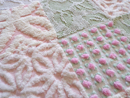 pink & green chenille fabric squares, set of 16 vintage quilt blocks 6" each, popular spring daisy, rosebud and hobnail patterns