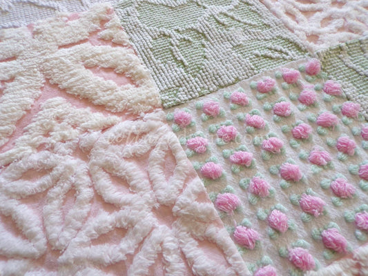 pink & green chenille fabric squares, set of 16 vintage quilt blocks 6" each, popular spring daisy, rosebud and hobnail patterns