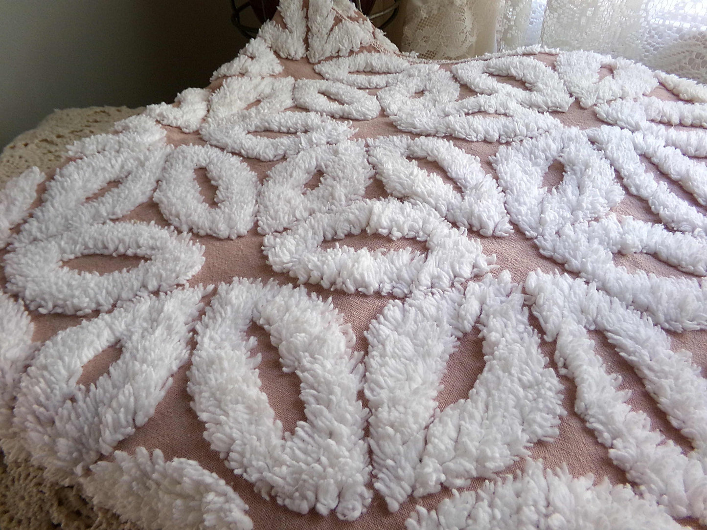 Mocha Daisy Vintage Chenille Fabric, 19" x 25"' inch piece, 100% Cotton, Big Fluffy White Daisies