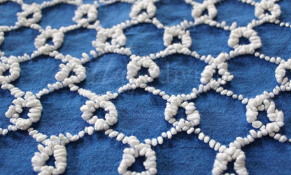 Chain Link Cobalt Blue Vintage Chenille Fabric, 20" x 24"' inch piece, White Needletufted Links on Ultra Lightweight Cotton
