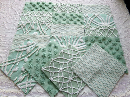 gorgeous green chenille fabric squares, set of 16 vintage 6" craft blocks, geometric designs for quilt inlays, pillows, fiber arts