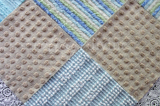 beach days chenille fabric squares, set of 16 vintage quilt blocks in coastal blue, summer sand colors, 6" square for quilts, crafts