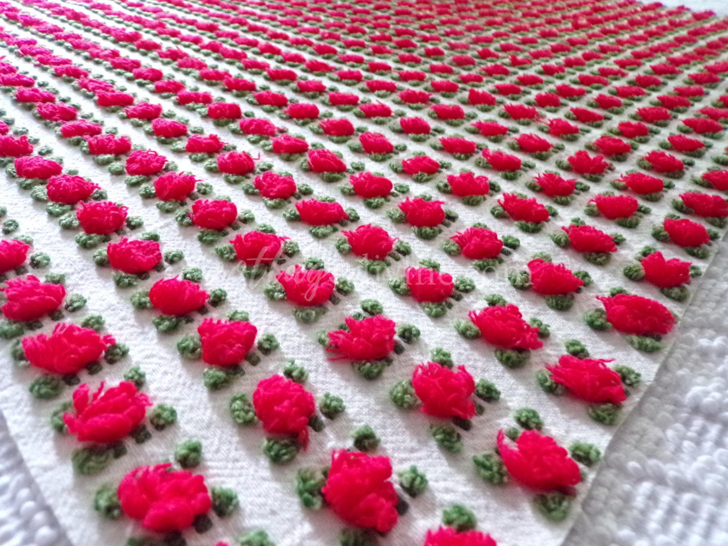 Striking Red Rosebud Vintage Chenille Fabric from Morgan Jones Roses Bedspread, 18" x 24" inch Piece