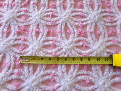 perfectly pink chenille fabric, white tufted wedding rings & sprinkle pops, 18" x 24" inch piece cut from vintage chenille bedspread