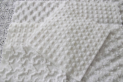 white chenille fabric squares in dynamic textures, coin dots, lattice, mini pop sparkle & squiggles, 16 vintage quilt blocks, 6" x 6" ea