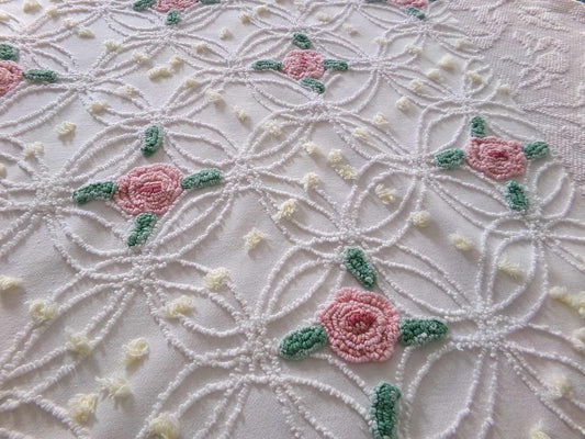 Shabby Cottage Rose Chenille Fabric, Vintage Thin Lightweight Cotton Sewing Material in Pink Florals on White, 21" x 26" inch Piece