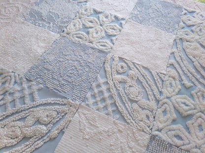seaside serenity vintage chenille fabric squares, set of 16 blue & white 6" blocks for crafts, sewing
