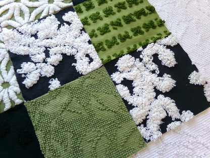 goblin green & black chenille fabric squares, set of 17 vintage boho quilt blocks for hippie style pillows, fiber arts