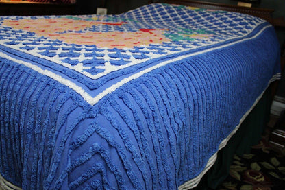 Royal Blue Vintage Peacock Chenille Bedspread, Bold Tropical Floral Colors, FULL Sz