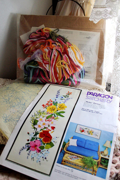 Boho Hawaii ALOHA Crewel Embroidery Kit, Vintage Paragon Stitchery #0101, 16" x 42" Large Tropical Floral Wall Hanging, Georgia Ball Design