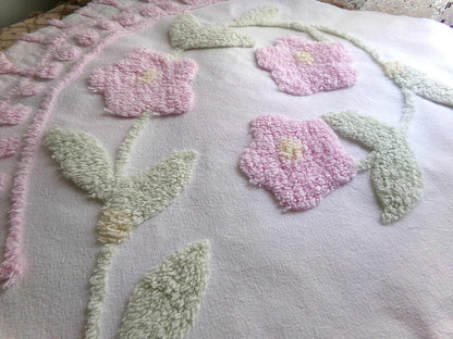 Pink Floral Blooms Vintage Style Chenille Fabric, Lovely Plush Flowers on White Cotton, 21" x 34" inch Piece