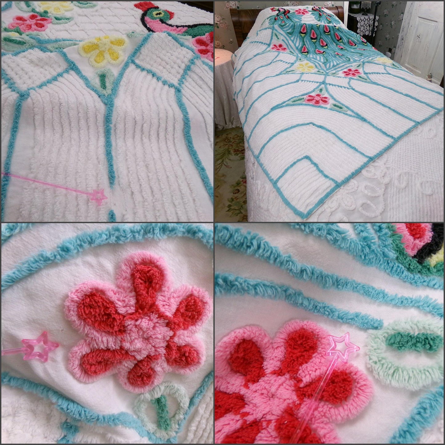 shabby chic peacock vintage chenille bedspread, iconic kitsch lovebird design, white cotton full size bedding