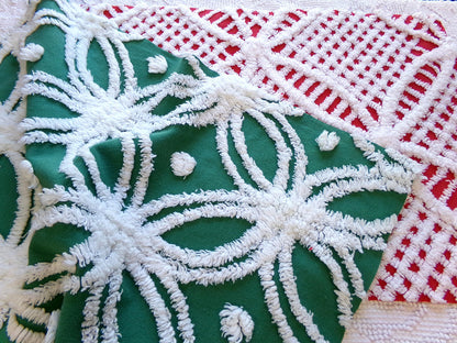 Christmas Quilt Fabric Stash Builder | Vintage Chenille Bundle for Sewing, Quilting in Red, White & Green | 2 Pieces 12" x 18" each