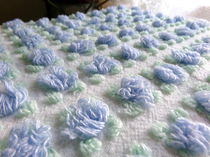 Heavenly Blue Rosebud Vintage Chenille Fabric, Morgan Jones Rose Design, 24" x 18" inch Piece, Angelic Raised Roses on White