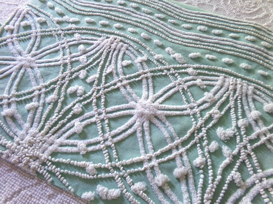 spiderweb jade green vintage chenille fabric, unique texturized web pattern on this 18" x 23" inch piece of sewing material