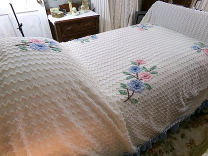 beach cottage seersucker vintage bedspread with tufted chenille zig zags, pink & blue flowers, ruffle accent, twin or full size bedding