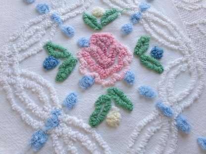 favorite cottage style vintage chenille fabric, pink roses & blue dots, 20" x 27" piece of white sewing material for quilting and crafts