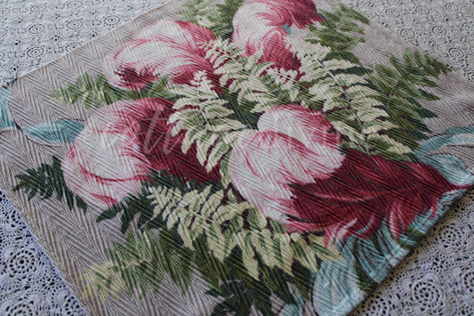 Heavenly Feather Pink Plume Vintage Barkcloth Fabric, 19" x 16" inch Piece, Botanical Floral Print on Cool Grey, Great for DIY Pillows