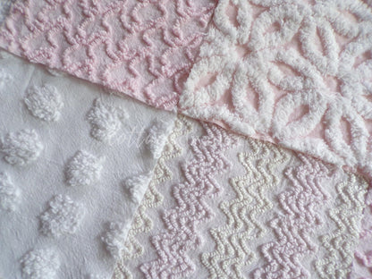 Dainty Pinks Chenille Quilt Squares Set from Vintage Bedspread Fabric, 16 Blocks, 6" x 6" inch