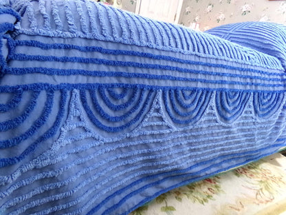 shabby sea nymph blue vintage chenille bedspread, coastal chic geometric design, full size cotton bedding
