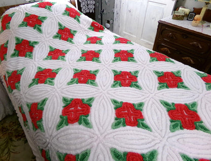 fantasy rose vintage luxury chenille bedspread in shabby style red cabbage roses design, 100% cotton full size bedding