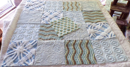 Breezy Blues Fabric Squares from Vintage Chenille Bedspread Fabrics, 17 Blocks Set, 6" x 6" inch, for Slow Stitching, Junk Journals, Quilt