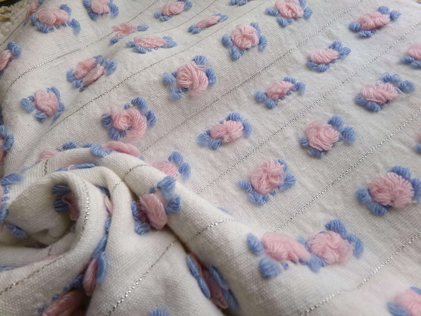 pink rosebud vintage chenille fabric, 20" x 24" inch cut piece of quilt material with tufted roses, blue leaves & shimmer silver lurex