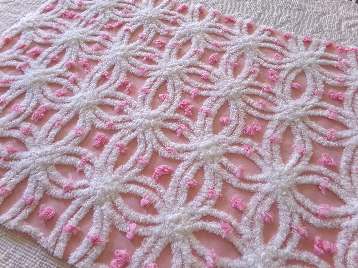 perfectly pink chenille fabric, white tufted wedding rings & sprinkle pops, 18" x 24" inch piece cut from vintage chenille bedspread