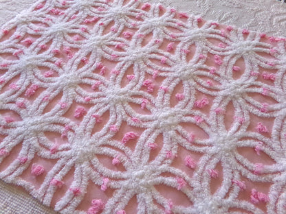 perfectly pink chenille fabric, white tufted wedding rings & sprinkle pops, 18" x 24" inch piece cut from vintage chenille bedspread