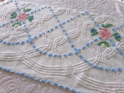 beach cottage fabric, cut from vintage chenille bedspread, 18" x 34" piece with 2 floral motifs, ideal for quilting & sewing